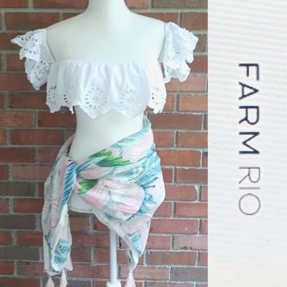 Farm Rio White Eyelet Off Shoulder Bardot Under Bustline Crop Top Sz M